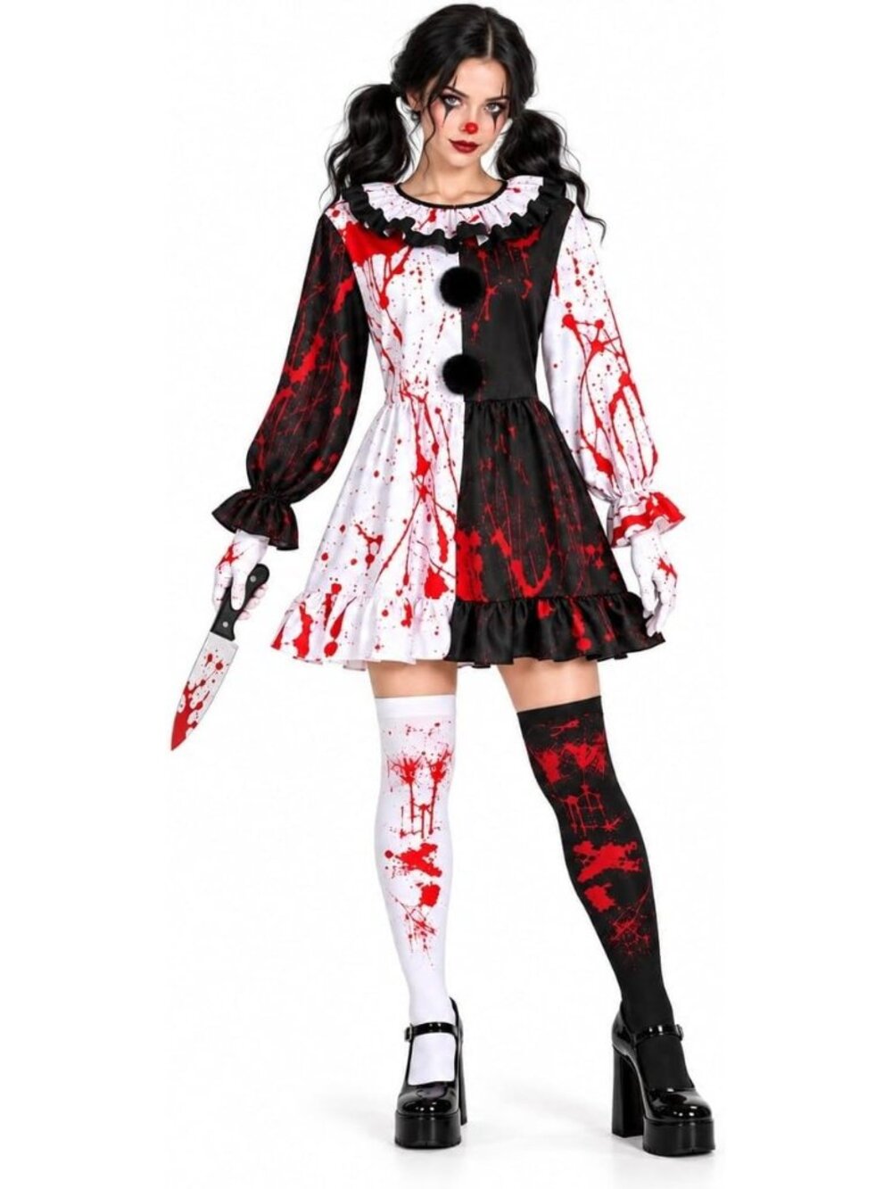 🎃Women's Bloody Mismatched Stockings And Prop Knife Clown Costume With Gloves